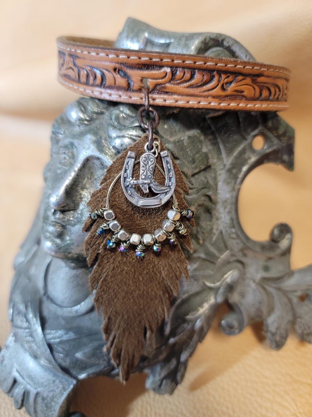 Boho Leather Tooled  Choker Necklace With Leather Feather & Horseshoe Upcycled